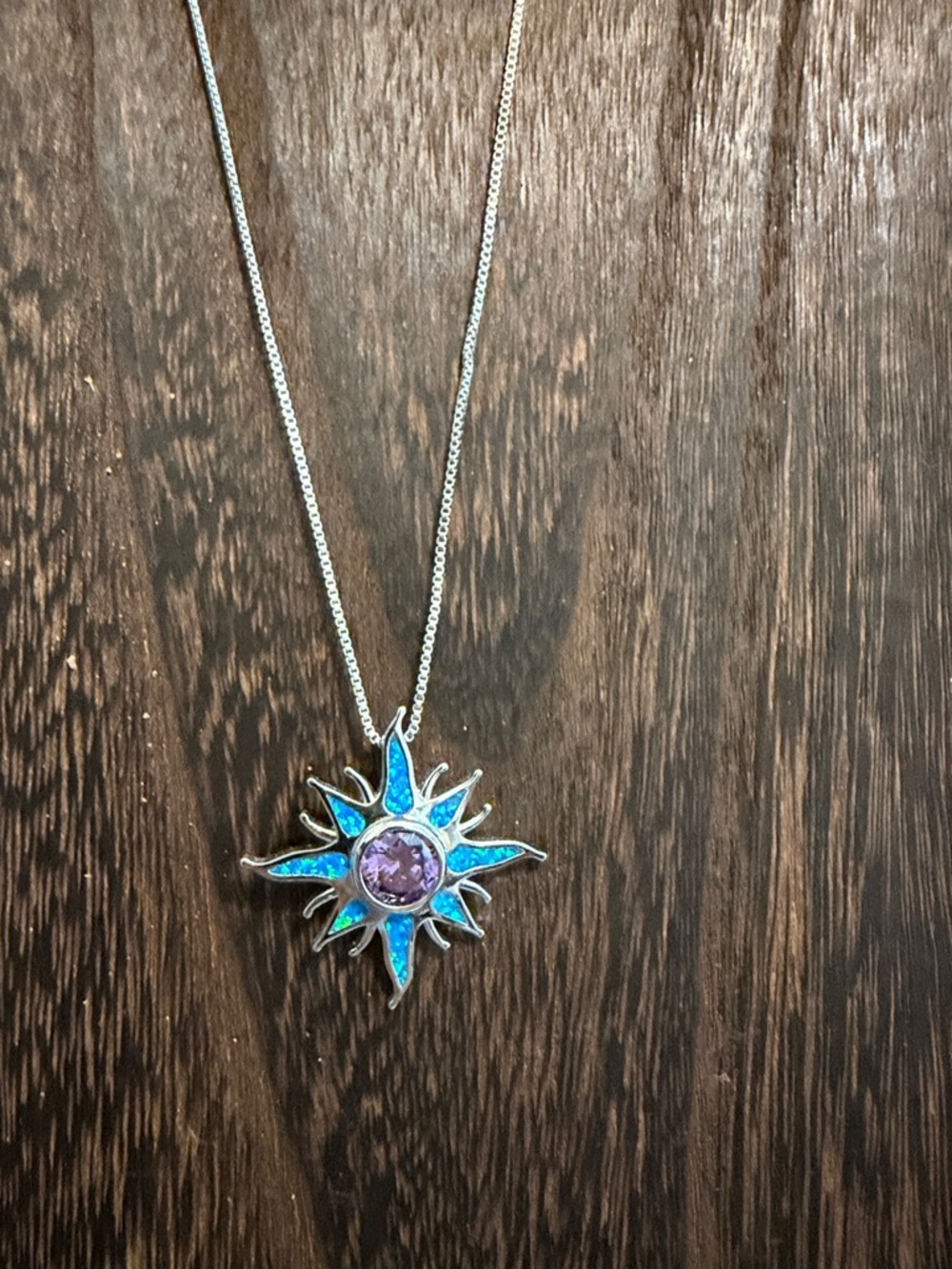 Stainless Steel Sunburst Pendant Necklace with Purple Center Stone